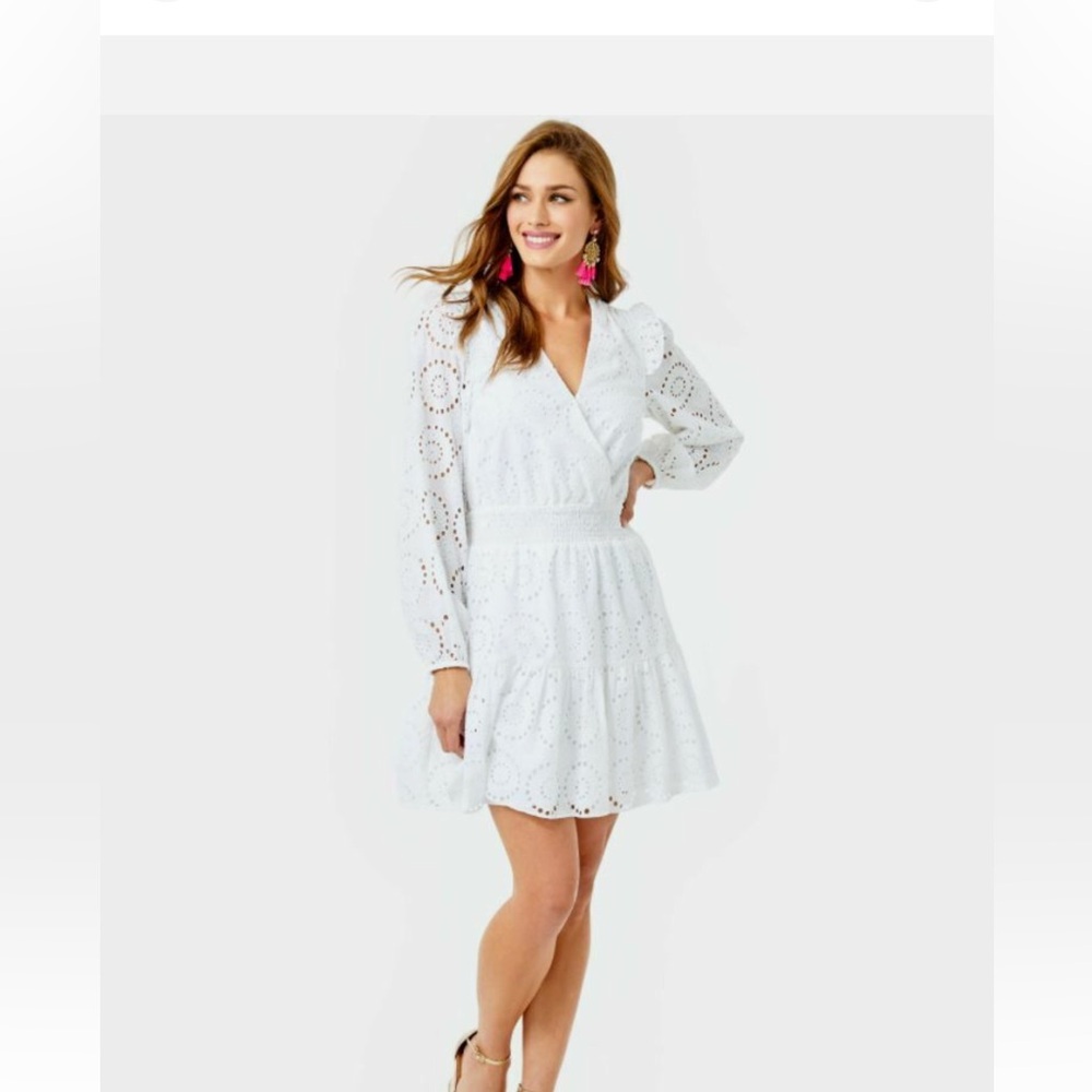 Lilly Pulitzer White Eyelet Long Sleeve Smocked Waist Taviana Dress SIZE 16 - Picture 2 of 11